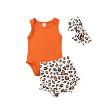 Meninas da criança Do Bebê Roupas de Verão Romper Leopardo Calças Curtas Headband Moda 3 PCS Bebê Conjunto Roupa Da Menina 2024 - compre barato
