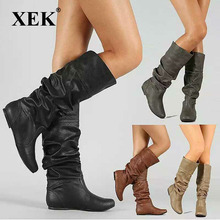 Botas altas hasta el muslo para mujer, zapatos de piel sintética plisada, botas de nieve de cuero hasta la rodilla, botas largas de invierno de talla grande ST305 2024 - compra barato