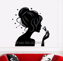 Adesivos de parede 3d preto menina adorável silhueta estrela adesivos beleza salão de beleza decoração murais de arte auto-adesivo yy500 2024 - compre barato