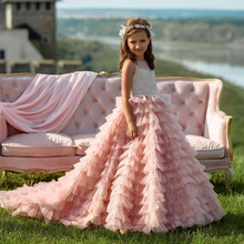 Lindo rosa flor menina vestidos para casamento em camadas tule rendas apliques crianças vestido de baile 2021 vestidos pageant para meninas 2024 - compre barato