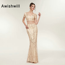 New Arrival Cheap Mermaid Prom Dresses Two Piece Short Sleeve V-neck Sexy Abiye Champagne Evening Party Gowns Long Abendkleider 2024 - buy cheap