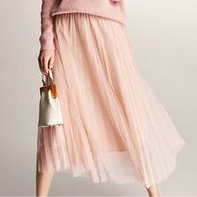 Women Stylish High Waist Mesh Skirt Knee-length Tulle Skirt Female Sweet Midi Pleated Skirts 2024 - buy cheap