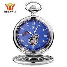 Hand Winding Mechanical Steampunk Men Pocket Watch Blue Skeleton Dial necklace pendant Fashion Chain Fob Watches weeding Gifts 2024 - buy cheap