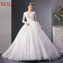 Vestido de noiva bordado de luxo, com mangas compridas, vestido de baile, casamento, trem real 2024 - compre barato