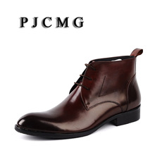 Pjcmg-botas masculinas de alta qualidade, preto/vermelho/marrom, com cadarço, à prova d'água, borracha, casual, couro genuíno, formal, para negócios ou escritório 2024 - compre barato