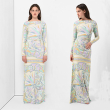 The new Bohemian extended fashion print  with belt, long sleeves, beautiful fashion show, elastic knitted silk  dress. 2024 - buy cheap