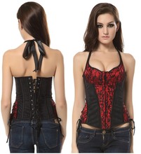 Black Red Halter Style Overbust Boned Corset Lace Panet and Lace-Up Back Corset for Women 2024 - buy cheap