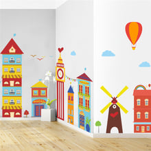 colorful building windmill hot air balloon wall stickers for kids rooms nursery home decor cartoon wall decals pvc mural art 2024 - buy cheap