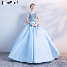 JaneVini Charming Sky Blue Puffy Quinceanera Dresses Plus Size Ball Gown 2019 Scoop Neck Satin Appliques Beaded Sweet 16 Dress 2024 - buy cheap