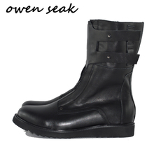 Owen Seak-zapatos hasta la rodilla para hombre, botas de cuero de vaca de lujo, zapatos planos informales, zapatillas grandes negras, Invierno 2024 - compra barato