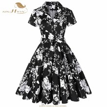SISHION Cotton Summer Dress Elegant 2021 Short Sleeve Women Black with White Flower Floral Dress Plus Size Vintage Dress SD0002 2024 - buy cheap