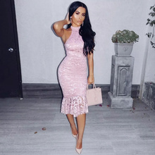 Glamorous Mock Neck Embroidery Lace Fuffle Bandage Dress Pink Floral Cold Shoulder Sleeveless Bodycon Midi Club Vestidos Dress 2024 - buy cheap