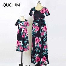 2019 família combinando roupas mãe filha vestidos mamãe e me roupas tornozelo-comprimento vestido moda floral estampado manga curta 2024 - compre barato