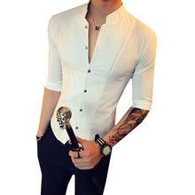 2019 Summer Men's Stand Collar Chinese Shirt Solid Color Slim Mens Designer Club Shirt Fashion Men's Half Sleeve Tuxedo Shirt 2024 - buy cheap