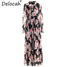 Delocah-Vestidos largos de verano para mujer, moda de pasarela, manga farol, lazo, rosa, estampado Floral, cintura elástica, elegantes, Vintage 2024 - compra barato