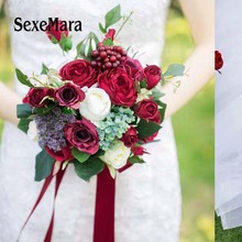 Romantic Bridal Bouquets Burgundy Rose Berry Handmade Artifical Flower Bouquet Wedding Bridesmaid Ramo Novia Bouquet 2024 - buy cheap