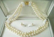 Free shipping 216 2 Rows Genuine White Pearl 18KGP Clasp Necklace Earrings 2024 - buy cheap