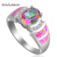 ROLILASON lovely Delicate design Pink fire Opal multicolor zircon silver  plated Rings Lady  jewelry USA size #6 #7 #8 #9 OR658 2024 - buy cheap