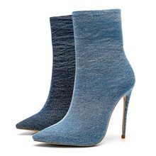 Bota feminina jeans azul, sapatos de tornozelo para mulheres 34-46, salto alto 12cm, stiletto feminino 2024 - compre barato