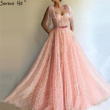 Платье для выпускного бала из Дубаи, с блестками и поясом, персикового цвета, 2020, с коротким рукавом, блестящие, фатиновые платья для выпускного вечера, Serene Hall BLA60944 2024 - купить недорого