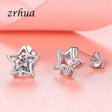 Zrhua brincos cor de prata para mulheres, brincos femininos estilosos de zircônia brilhante com estrela dupla e design em oferta 2024 - compre barato