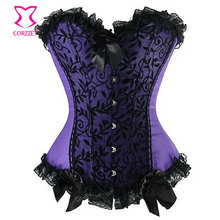 Women Purple Satin & Black Victorian Lace Sexy Corselet Plus Size Waist Trainer Corset Overbust Corsets And Bustiers New 2015 2024 - buy cheap