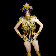 Wyy sexy feminino palco usa dj robô terno espelho de ouro armadura bodysuit feminino realizar roupas dj trajes de palco vestido de festa dança 2024 - compre barato