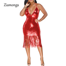 Ziamonga Elegant Evening Party Dresses 2019 Summer Halter Off Shoulder Deep V Tassel Bodycon Dress Sexy Sequined Women Dresses 2024 - buy cheap