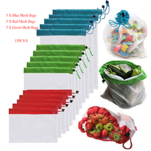 15pcs Reusable Mesh Produce Bags Washable Bags for Grocery Shopping Storage Fruit Vegetable Toys Sundries Organizer Storage Bag 2024 - compre barato