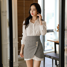 Minifalda ceñida elegante para mujer, conjunto de 2 piezas, Camiseta larga básica a cuadros, sexy, para el trabajo 2024 - compra barato