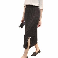 Women Slim Sexy Knitting Long Skirt 2018 New Side split Beading Skirts Autumn Winter Fashion High Waist Knit Package Hip Skirt 2024 - buy cheap