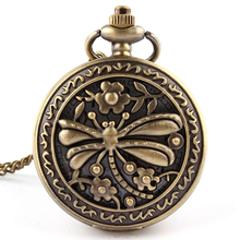 Reloj de bolsillo con diseño de libélula para hombre y mujer, pulsera de mano con diseño de flor antigua, cadena de bronce, de cuarzo, con funda abatible 2024 - compra barato