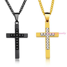 Classic Male Crystal Cross Pendant Gold Black Stainless Steel Zirconia Jesus Cross Pendant Necklace Jewelry For Men 2024 - buy cheap