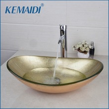 KEMAIDI New Hand Painted Gold Bathroom Washbasin Bath Set Faucet Mixer Taps Tempered Glass Basin Veseel Faucets Chrome Finished 2024 - buy cheap