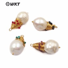 WT-JP132 Natural Round Baroque Pearl Copper Wire Winding Pendant With Gem Stone Decorative Charm Pearl Pendant For Jewelry Make 2024 - buy cheap