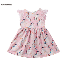 Toddler Baby Girls Summer Sweet Pretty Dress Lace Petal Sleeve Unicorn Print O-Neck A-Line Knee-Length Dress Outfit 1-6Y 2024 - buy cheap