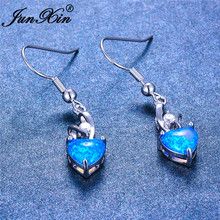 JUNXIN Cute Blue Fire Opal Heart Drop Earrings For Women White Gold Rainbow Birthstone Zircon Dangle Earrings Wedding Jewelry 2024 - buy cheap