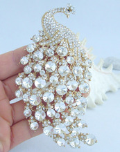 Gorgeous Animal 4.33" Gold Tone Clear Rhinestone Crystal Peacock Brooch Pin Pendant EE05651C12 2024 - buy cheap