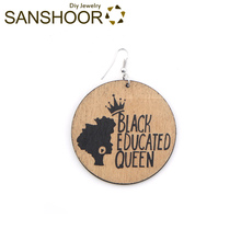 SANSHOOR-pendientes de gota de madera con grabado Afrocentric para mujer, aretes de color negro, pelo Natural Queen para Indians, americanos, regalo, 1 par 2024 - compra barato