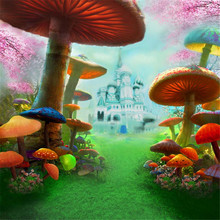 Фон для фотосъемки с изображением сказочной страны детского дня рождения с напечатанными грибами розовыми цветами вишни замком 2024 - купить недорого