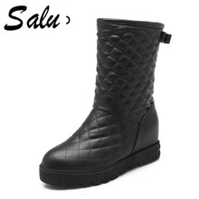 Salu 2020 Women Mid Calf Boots Winter Shoes Design Fashion fashion flat Heel Round Toe Casual Black Women Boots 2024 - buy cheap