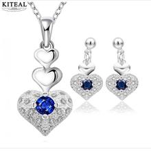 Silver Fashion Jewelry Set Blue Crystal Heart Necklace Earrings mothers day gifts for mom Women's Jewelry Bridal Party sets 925 2024 - buy cheap