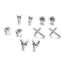 Owl Cross Elk Tree Sun Earring Set Simple Ear Jewelry Small Antique Silver Color Stud Earrings For Girl Men Women 5 pairs 2024 - buy cheap