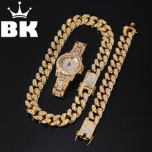 Conjunto de colar e pulseira de cristais, 2cm, corrente cubana, hip hop, hip hop, king 2024 - compre barato