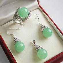 Hot! beautiful  new jewelry  silver plated + 12mm light green jades   pendant, earring,  , ring set 2024 - buy cheap