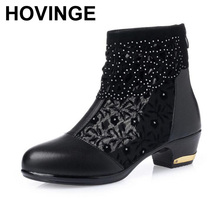HOVINGE Cowhide mesh fish head women boots summer women sandals 2018 new Breathable Rhinestones leather sandals shoes woman 2024 - buy cheap