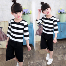 High quality girl child 2019 summer child girls short-sleeve shorts child stripe t-shirt wide leg pants set kids 3~11Age 2024 - buy cheap