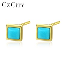 CZCITY Real 925 Sterling Silver Small Stud Earrings for Women Lovely Square Turquoise Earrings Female Dating Jewelry Carving 925 2024 - buy cheap