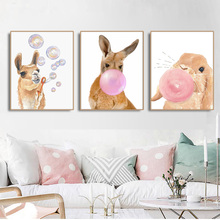 Estilo nórdico sala de crianças animais bolha gum poster cópias da lona pintura a óleo decoração casa parede arte imagem para sala estar 2024 - compre barato