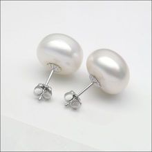 14K Solid White Gold 13-14MM White Genuine Freshwater Button Pearl Stud Earrings 2024 - buy cheap